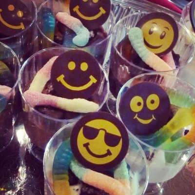 Chocolate smiley faces and gummy worm parfaits for kids at the Hard Rock, Universal City Walk.